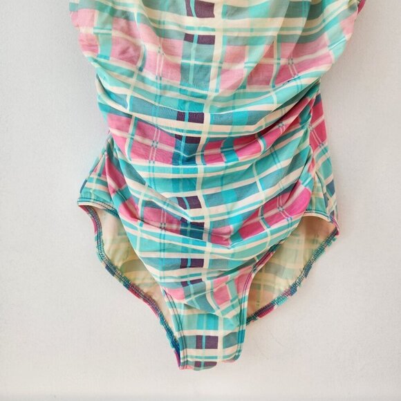 Talbots Pink Teal Geometric One-Piece Swimsuit Bathing Suit Slimming Size 12 - Picture 4 of 9